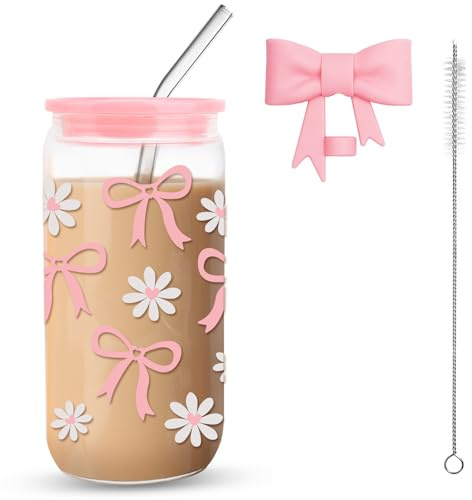 FIDWALL Verre 16oz/500ml avec couvercle et paille, Gobelet esthétique avec nœud pour café glacé, matcha latte, smoothie matcha latte avec paille pour femmes (Verre Nœud et Fleurs)