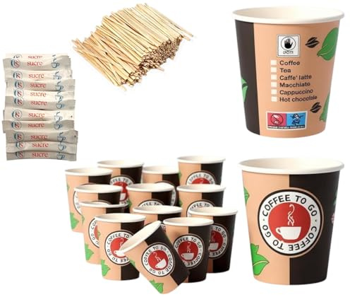 EURO DECO Lot de 200 Gobelets en carton jetables biodégradables 180 ml / 7-oz, Idéal pour le café, les boissons chaudes ou froides (LOT6-200PCS GOB+200PCS AGITATEURS+200PCS SUCRE)