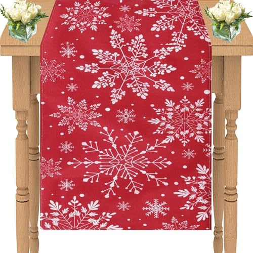 Christmas Table Runner 33x183cm, Red Table Runner with Winter Snowflake Print Xmas, Linen Table Cloth for Holiday Dinners Home Party Christmas Gatherings Dining Table Accessories Decor Cloth