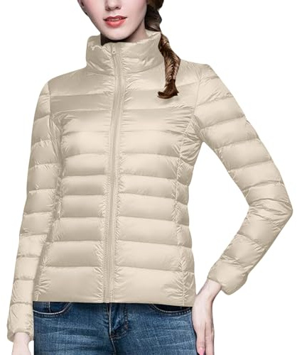 Dyhxuan Veste matelassée légère pour femme - Col montant - Doudoune - Coupe droite - Veste matelassée à manches longues - Veste mi-saison - Automne - Hiver - Veste matelassée chaude softshell, beige