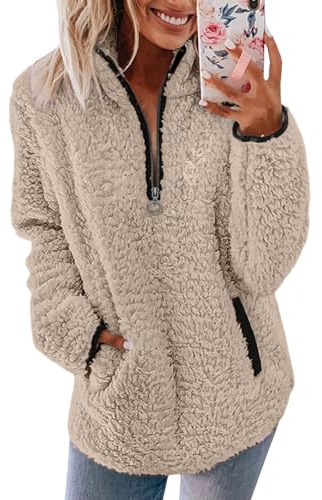 CGGMVCG Jumpers Women Uk Clearance Womens Fleece Jumper 1/4 Zip Up Teddy Fluffy Pullover Sweatshirt Ladies Casual Sweater Cozy Coat Tops Fall Winter Stand Collar Fleece Jacket with Pockets (Beige, M)