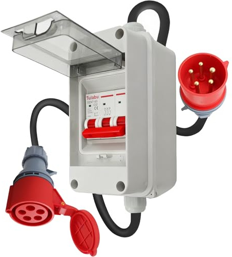 CEE 3-Phase Adapter 32 A to 16 A with Circuit Breaker IP44 Waterproof Robust Rubber Cable 5 x 2.5 mm², Ideal for Industry, Construction Site, Motorhome and Household
