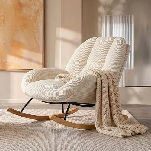 MEUBLE Cosy Schaukelstuhl Relaxstuhl mit Breiter Komfortsitz, Schaukelsessel aus Cordstoff, für Wohnzimmer Schlafzimmer Babyzimmer, bis 120 kg belastbar, Beige