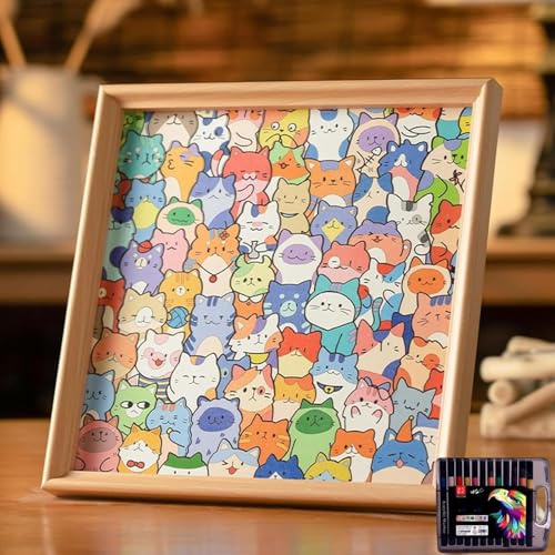 Cat Wooden Colouring Puzzles, DIY Wooden Cat Puzzle Frame with 36 Color Markers, Creative Cat Wooden Jigsaw Puzzles Photo for Home Bedroom Decor, for Craft Lover Kids Family Friends