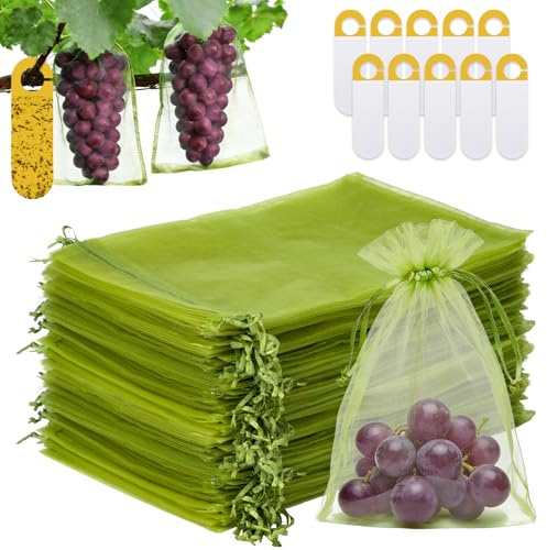 100 Pièces Sac Protection Fruits(20 x 30 cm) avec 10 Pièges Collants Jaunes Sacs de Protection Contre pour Guêpes et Mouches des Fruits – Sacs de Protection en Organza pour Le Jardin.