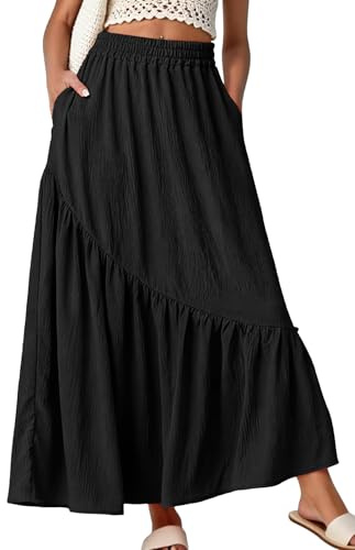 GRECERELLE Women's Maxi Skirt Long Summer Skirts for Women | Elasticated Waist Boho Flowy A-Line Skirt with Pockets and Ruffle Hem for Holiday & Casual Wear