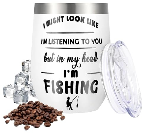 Laicaii Fishing Gifts for Men, Insulated Coffee Mug with Leak-Proof Lid, Funny Fishing Mug for Dad Granddad Fishermen, “in My Head I’m Fishing”, Insulated Coffee Cup for Fishing Camping Use, 12 oz