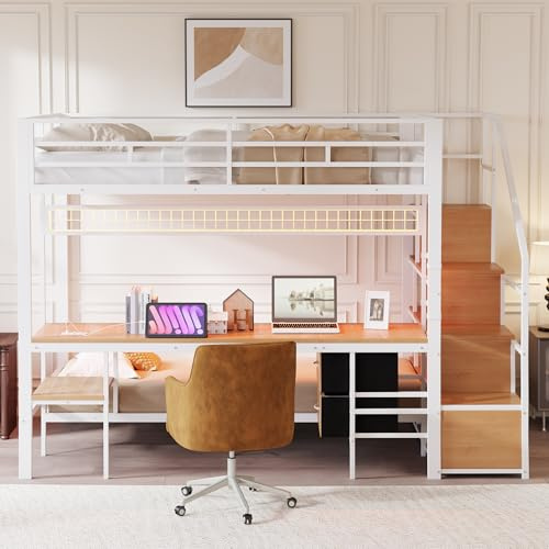 NADEUSAK Cama alta de metal blanco 140 x 200 cm, cama multifunción con escritorio, enchufes, espacio de almacenamiento abierto y cajones de tela, cama inferior de 90 x 200 cm (sin colchón)