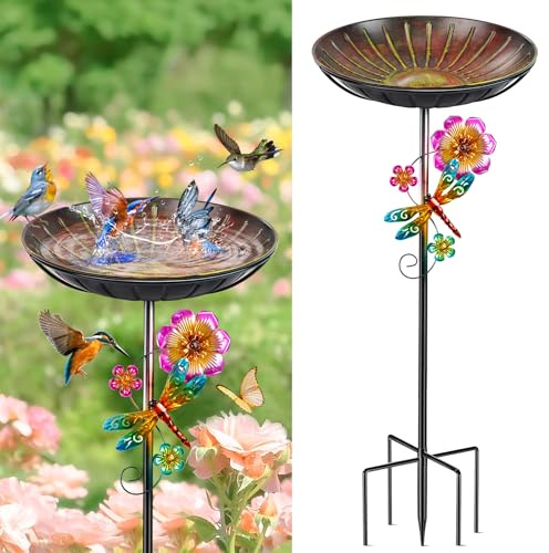 Vogeltränke Stehend 96cm, Vogelbad für Draußen Garten, Metall Futter Schale mit Stabiler 5-Zinken-Basis, Wassertränke für Vögel Vogeltränke Groß Winterfest Frostsicher (Antike Rot-Gelb)
