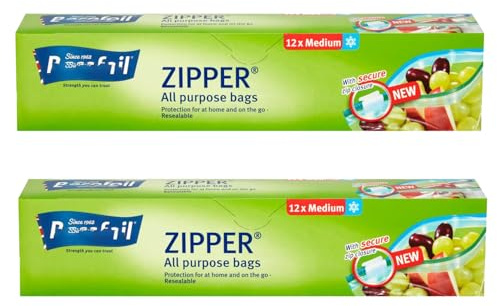 Zipper All Purpose Resealable Storage Bags, Medium 27x24cm, Secure Zip Closure, Freezer Safe, Dishwasher Safe, BPA Free, 3 Litre Capacity, 24 Bags, 2 Pack