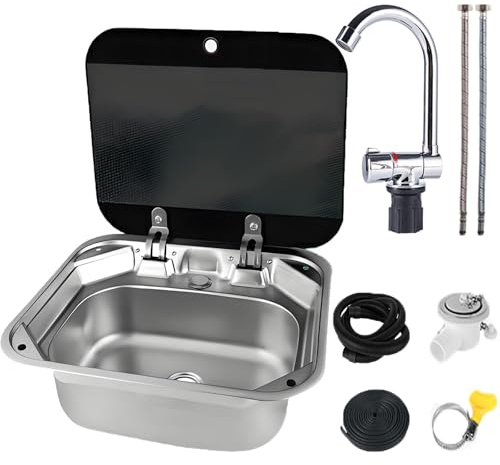 Edelstahl-Handwaschbecken mit klappbarem Wasserhahn und Deckel aus gehärtetem Glas für Wohnmobil, Wohnmobil, Boot, Zuhause, mobiler Anhänger