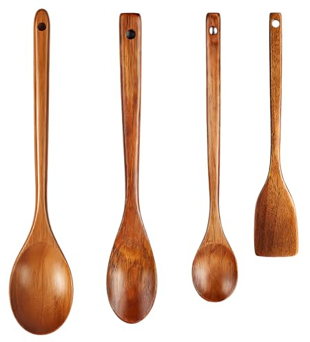 4Pcs Wooden Spoons for Cooking, Set of 4 Long Handle Spoons and Spatula, Wooden Spoon Set for Kitchen Utensils, Heat Resistant Wooden Utensils