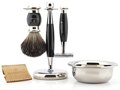 Jag Shaving Luxus-Rasierset für Herren, mit doppelseitigem Rasierhobel, Rasierpinsel, Rasierpinsel, Ständer, Schale und Lederetui für Rasierhobel