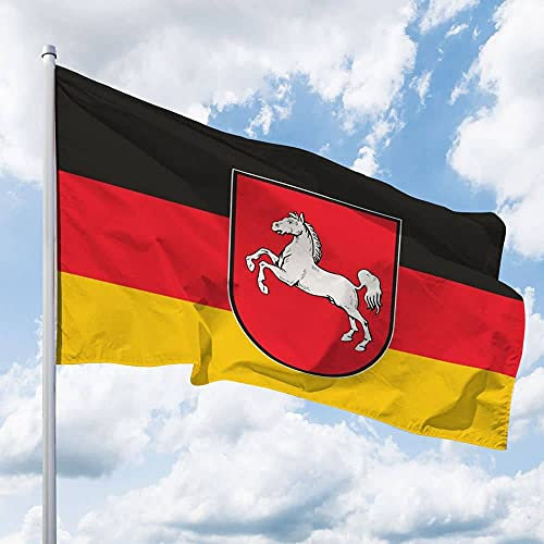 Niedersachsen Flagge 250 x 150 cm – für Fahnenmast, Niedersachsen Fahne mit Wappen, aus reißfestem Polyester, wetterfest und UV-beständig