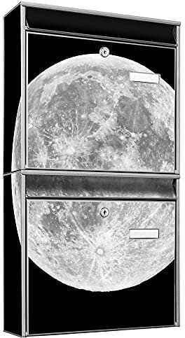 banjado Briefkastenanlage 2 Fach - 2 Briefkästen 36x64x10cm groß - Doppelbriefkasten Set - Namensschild, 2 Schlüssel, Montagematerial - Stahl verzinkt Silber - Motiv Mond