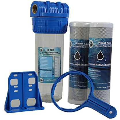 Wasserfilter Gehäuse Set Filtergehäuse 10 Zoll x 3/4 IG + 2x AKTIVKOHLE BLOCK Filter Hauswasser Trinkwasser Werk Garten Wasser Brunnen Zisterne Pool Vorfilter gegen Bakterien Viren Gerüche