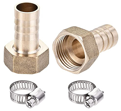 sourcing map Brass Barb Hose Fitting Connector Adapter 14mm Barbed x G1/2 Female Pipe with 9-16mm Hose Clamp 2Set