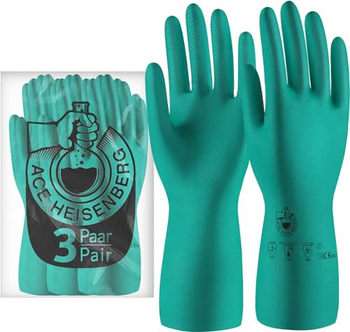 ACE Heisenberg Chemie-Handschuhe - 3 Paar Chemikalien-Schutzhandschuhe aus Nitril - extra lang & gefüttert - 07/S (3er Pack)