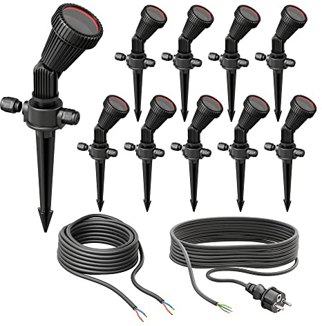 ledscom.de 10er Set Gartenstrahler mit Erdspieß PIRK mit Schuko Stecker für außen, IP44, schwarz, GU10 je max. 15W