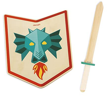Janod - Juego Caballero Dragón - Escudo y Espada de Madera - Juguete de Imitación - Juego Aire Libre - Juego Educativo Imaginación y Motricidad - Certificado FSC - A Partir de 3 Años, J03171