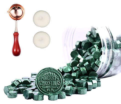 Comealltime 248 Stück Siegelwachs Set, Achteckige Siegelwachsperlen mit 2 Teelichtern & 1 Schmelzlöffel, Siegellack für Wachssiegel Stempel(Kieferngrün)