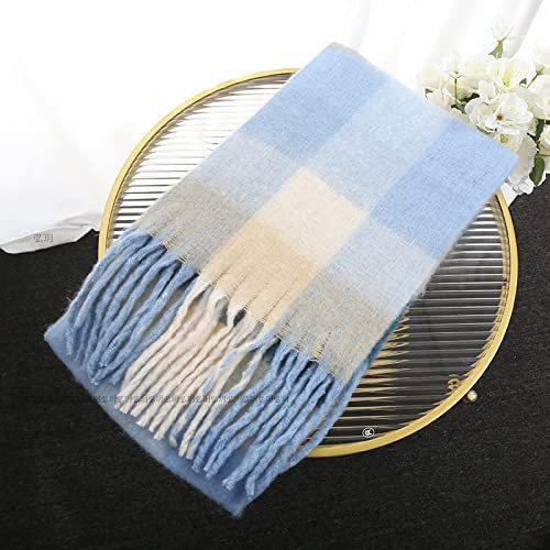 HGJH Schal Damen,Winterschals Blau Creme Weicher Warmer Schal Dicke Decke Quastengitter Patchwork Kaschmir Schal Lang Groß Winterschal Trendige Stola Schals Für Frauen Mädchen