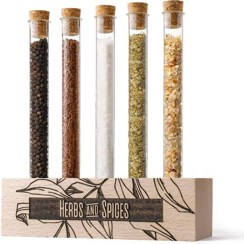 Tuuters Holz Reagenzglashalter (Herbs and Spices) Vase, Gewürzregal stehend | Mit 5 Reagenzgläser und Korken für Gewürze, Blumen, Trockenblumen Reagenzglas mit Halterung, hochwertig graviert als Geschenk
