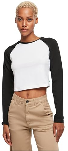 Urban Classics Kvinna T-Shirt Ladies Organic Cropped Retro Baseball Longsleeve, White/Black, M