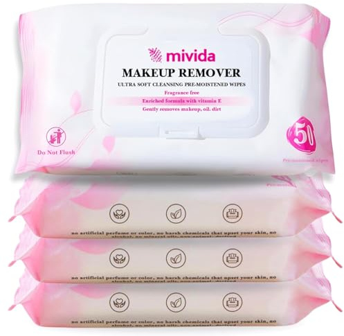 mivida Hypoallergenic Makeup Remover Wipes Bulk With Vitamin E, 200 count (4×50) Value Pack, Dermatologist Tested Fragrance Free Makeup Wipes For Sensitive Skin, Alcohol Free Facial Make up Remover