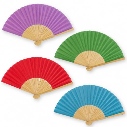 MIJOMA Handfächer aus Holz, 4er Set Sommerfarben | Stoffbespannung, ca. 21 cm geschlossen, leicht faltbar, für Tasche, Auto, Hochzeit, Pride, Strand & Festival