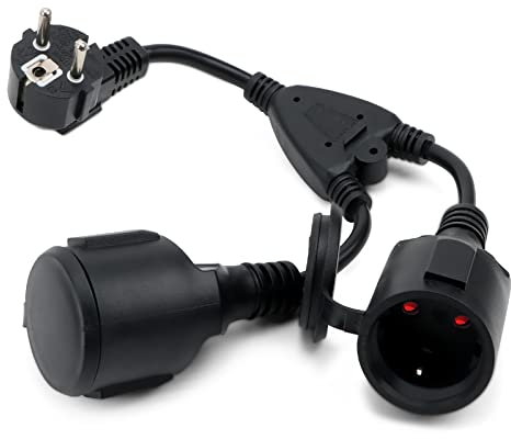 IP44 Doppelstecker für Steckdose, Strom Verlängerungskabel mit 2 Schuko Steckdose, Doppel-Verlängerung, Schutzkontakt Verlängerungskabel, 3 x 1,5 mm², Gummikabel für Haus, Büro, Außenbereich, Schwarz
