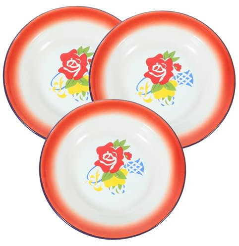 UPKOCH Enamelware Snack Plates 20cm Vintage Round Food Serving Dishes Floral Pattern Random 3pcs Set for Home Kitchen Tableware