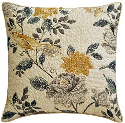 The HomeCentric Dekorativ Beige Grau & Senf Kissen Überzüge 2 Stück, 50x50 cm Leinen Kissen Kissenhülle mit Shabby Chic Quilted & Pearl Vögel Kissen Zeitgenössisch Kissen Überzüge - Shabby Chic Love