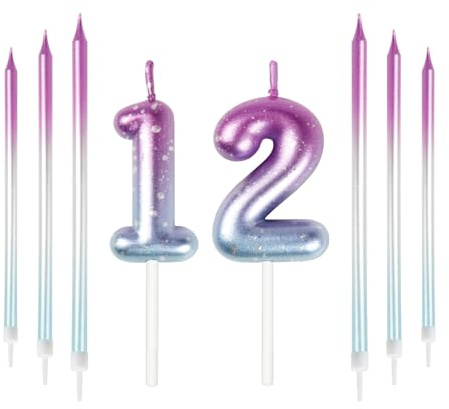 Mciskin 12. Geburtstag Dekoration - Bunte 12 Kerzen mit Rosa Lila Lange Kuchen Kerzen Kuchen Topper Dekoration für Jungen Mädchen Männer Frauen Geburtstagsfeier Hochzeit Jubiläum