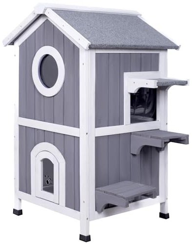 GEGURI Niche d'extérieur pour chat en bois résistant aux intempéries avec toit ouvrable, porte d'évasion, balcon