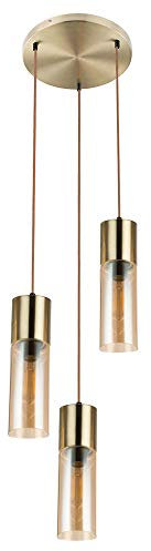 Pendelleuchte 3 flammig Decken Hängelampe Metall Glas Pendellampe Hängeleuchte, 3x E27, Metall Messing Glas amberfarben, 30x150cm, Wohnzimmer Schlafzimmer
