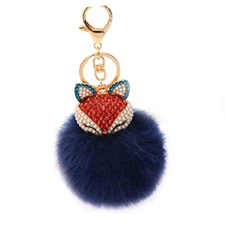 PACKOVE Fluffy Schlüsselanhänger Mit Fuchs Kopf Design Marineblauer Plüschbommel Strassbesetzter Zinklegierung Anhänger Elegante Handtaschen Autoschlüssel Dekoration Für Frauen Und Mädchen