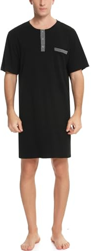 Yukiuiny Camicia da notte da uomo in cotone, pigiama a maniche lunghe, maniche corte, top di pigiama da uomo, maglietta lunga girocollo con bottoni per abbigliamento interno, maglietta di grandi