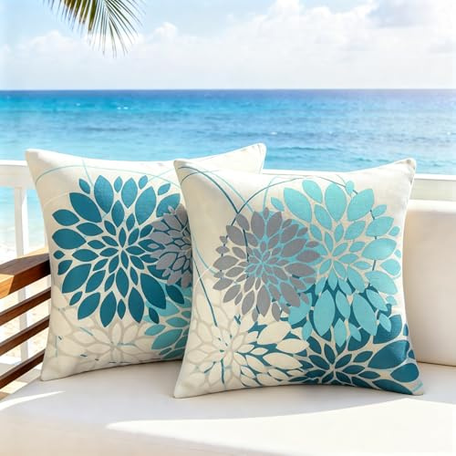 DecorMommt Outdoor Kissen Wetterfest Kissenbezug 40x40cm Dahlie Dekorativ Kissenbezüge Modernes Leinen Sofakissen Sommer Blumen Kissenbezüge Quadratischer für Home Cafe Garten Wohnzimmer Sofa（Cyan）