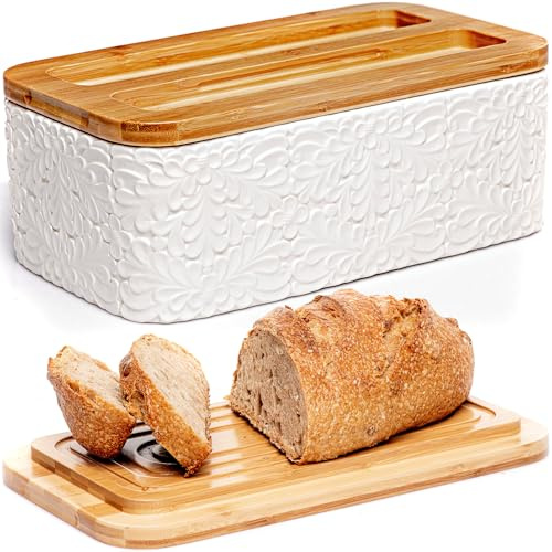 Engraved Ceramic Bread Box for Kitchen Countertop - Multipurpose Bread Storage Container with Thick Bamboo Cutting Board Lid - Elegant Bread Bin with Nature-Inspired Engraving - 13.8 x 7.9 x 5