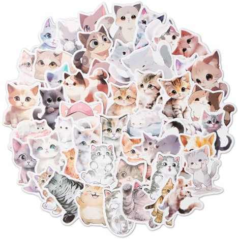 Volumoon Kawaii Stickers, 50pcs Cute Cartoon Cat Stickers Set, Scrapbook Stickers Paper Pack, Vinyl Waterproof Aesthetic Stickers for Water Bottles, Book, Laptops, Scrapbook, Skateboard