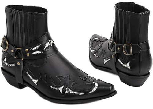 OPPOQ Botines Occidentales para Hombre, Botas con Correa de Hebilla, Botas Cortas de Vaquero con Punta Cuadrada de Cuero Retro, Botas Vaqueras para Motocicleta,Negro,41
