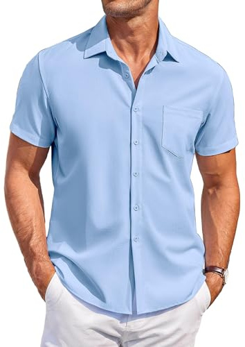 COOFANDY Men's Short Sleeve Shirt Wrinkle-Free Beach Summer Shirts Soft Stretch Casual Top for Holiday & Office Lightblue L