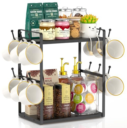EsLuker.ly 2 Tier Tassenhalter und Tassenständer, Tassenregal für Kaffeetassen, Kaffee Organizer für Theke, Coffee Station Organizer with Mug Holder, Platzsparendes Kaffeebar Zubehör, Schwarz | 2-stöckiges Becherbaumregal für Küche, Büro, Aufbewahrungsregal mit 12 Haken, stilvolle Kaffee-Ecke, Schwarz