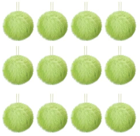 jileijar 12 Stück grüne pelzige Weihnachtskugeln, flauschige Pompons für Weihnachtsbaum-Hängedekorationen, 4,9 cm weiche Kunstfell-Kugeln, Weihnachtsschmuck, Weihnachtsdekoration,