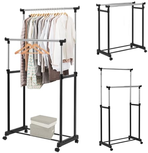 HOMASIS Kleiderständer höhenverstellbar, Kleiderstange auf Rollen, Garderobenständer mit Schuhablage, Garderobe aus Stahl, Rollgarderobe Ausziehbar, Clothes Rack Kleiderwagen stabil (Modell 2)