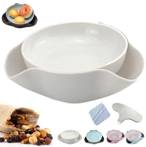 Vgpbphj Snackskål, pistaschskål med skalförvaring, dubbel skål nötsskål, dubbel skål mellanmålsskål för pistagenötter, edamam, körsbär, nötter (vit)