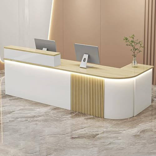 JIAOCKJIAO Empfangstheke mit Theke, L-Förmiger Rezeptionstheke, Empfangstresen mit Licht, Kassentheke mit Abschließbaren Schubladen, für Salon, Lobby, Geschäft, Büroempfangsraum(White+Natural,55.1in/1