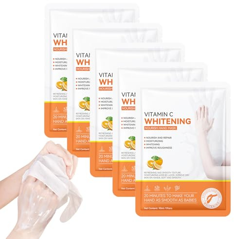 5PCS Masques Hydratants et Exfoliants pour les Mains, Masque pour Mains à la Vitamine C, Hydrate Profondément la peau Endommagée, Pour Les Mains Sèches Vieillissantes et Gercées