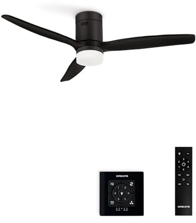 CREATE / WINDCALM NATURAL WOOD M/Deckenventilator mit Beleuchtung Schwarz mit Wandschalter und Fernbedienung / 40W, Timer, Ø132 cm, 6 Geschwindigkeiten, Sommer-Winterbetrieb